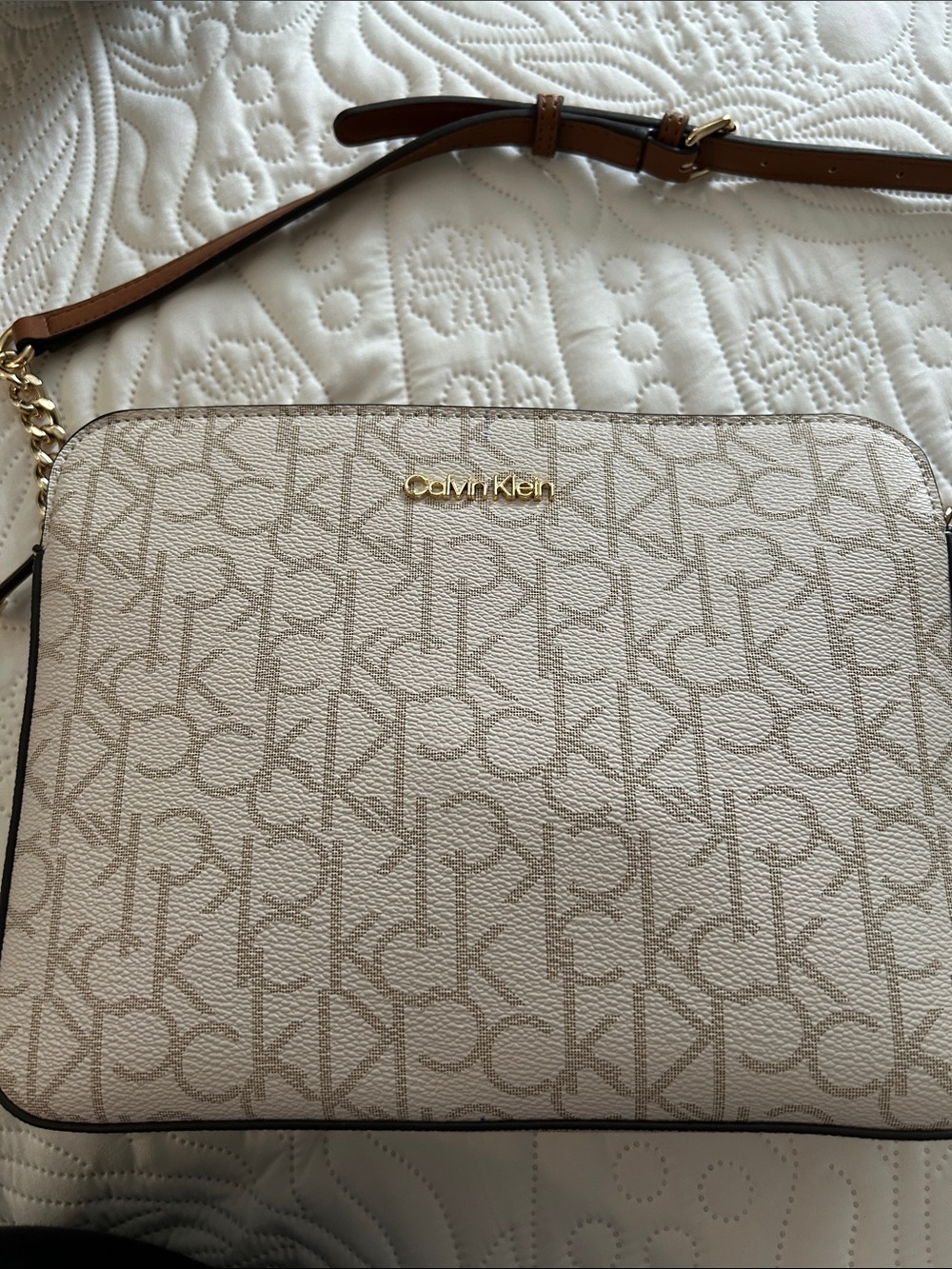 Calvin Klein Beige Monogram Crossbody with Brown Strap and Gold Hardware